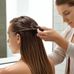**Prompt:** A split image. On one side, a woman is applying conditioner only to the ends of her hair. On the other side, a woman is applying conditioner from root to tip, gently massaging her scalp. Soft, diffused lighting. The background is a modern bathroom with stylish, neutral tones.