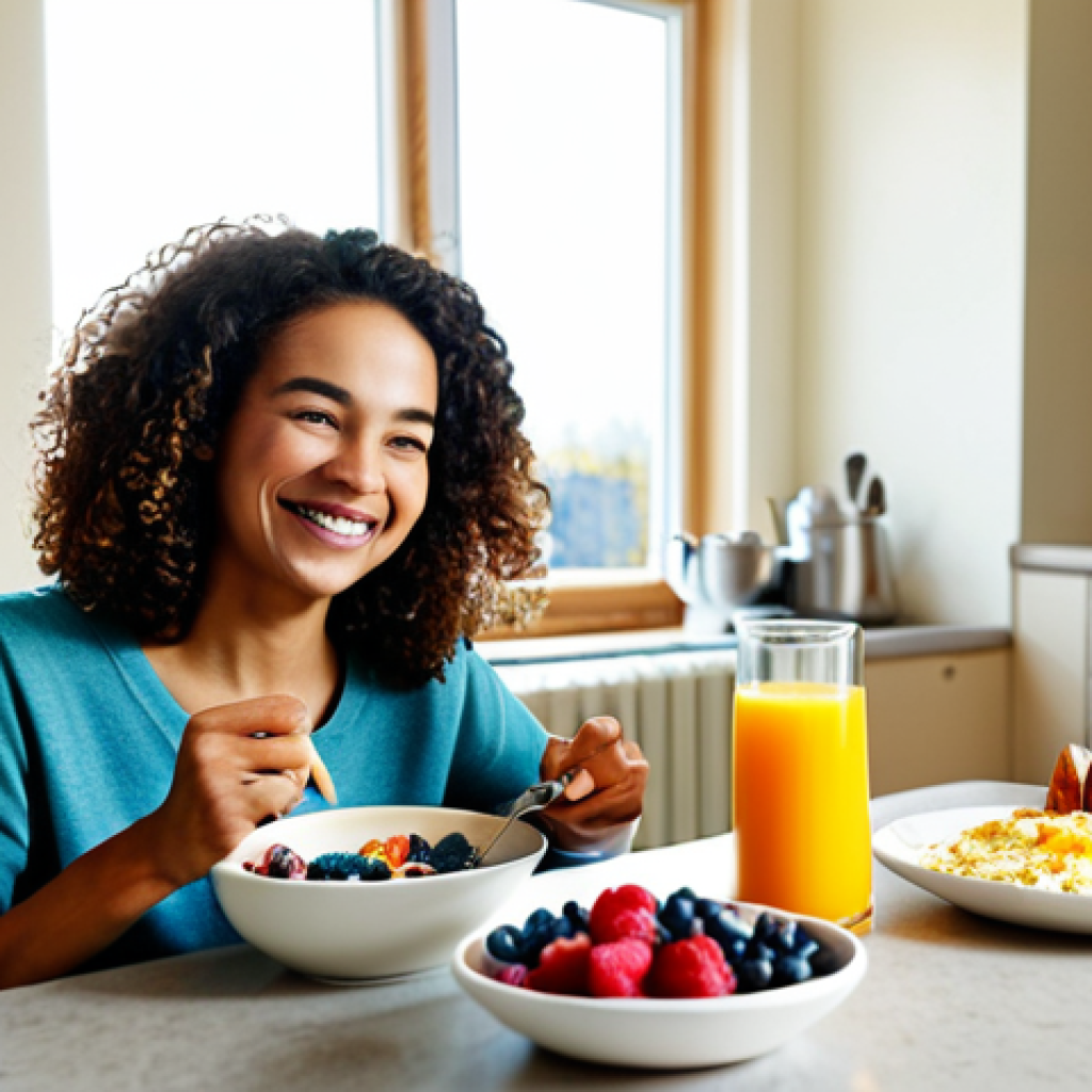 헤어 건강을 위한 식단 가이드 - Nutritious Breakfast for Hair**

"A vibrant and colorful breakfast scene with a woman enjoying a hea...