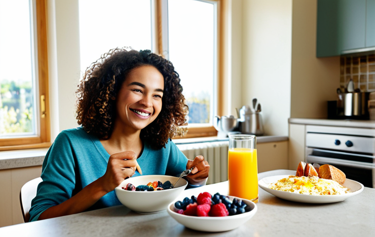 헤어 건강을 위한 식단 가이드 - Nutritious Breakfast for Hair**
"A vibrant and colorful breakfast scene with a woman enjoying a hea...