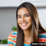 Home 22 콜라겐과 모발의 상관관계 - A close-up portrait of a young Hispanic woman with long, shiny, healthy hair, gently touching her sc...