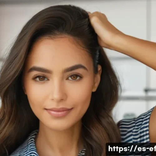 Home 32 비오틴과 모발 성장의 관계 - A detailed close-up portrait of a young Hispanic woman with healthy, shiny hair, gently touching her...