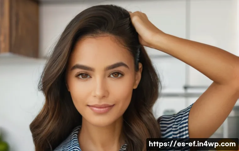 비오틴과 모발 성장의 관계 - A detailed close-up portrait of a young Hispanic woman with healthy, shiny hair, gently touching her...