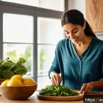 Home 23 헤어 영양소의 흡수 방법 - A vibrant, natural kitchen scene showing a Spanish woman preparing a healthy salad rich in spinach, ...