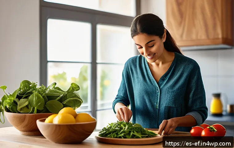 헤어 영양소의 흡수 방법 - A vibrant, natural kitchen scene showing a Spanish woman preparing a healthy salad rich in spinach, ...