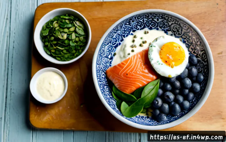 Home 17 헤어 영양소가 함유된 음식 리스트 - Photorealistic overhead still life of hair-nourishing foods popular in a Spanish-speaking Mediterran...