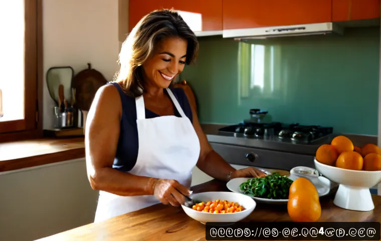 Home 17 헤어 건강 영양소의 역할 - Photorealistic healthy hair nutrition scene, a smiling Spanish woman in her 40s with glossy, well-no...